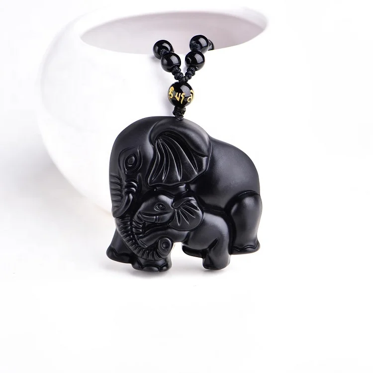 

Chinese Handwork Natural Black Obsidian Carved Mother Baby Cute Elephant Amulet Lucky Pendant Necklace Fashion Jewelry HYSD3