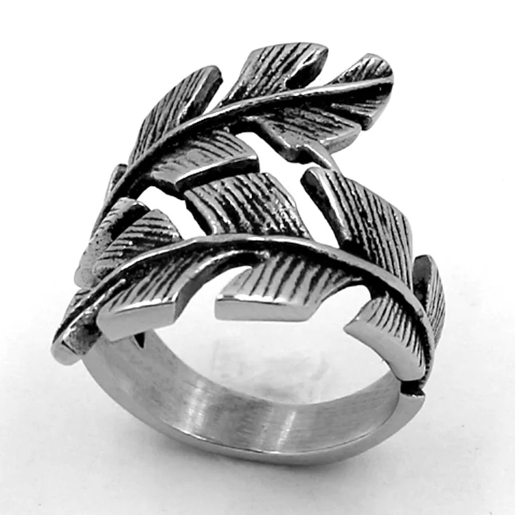 

Vintage Silver Fashion Open Cuff Feather Couples Unisex Women Men Adjustable Stainless Steel Ring