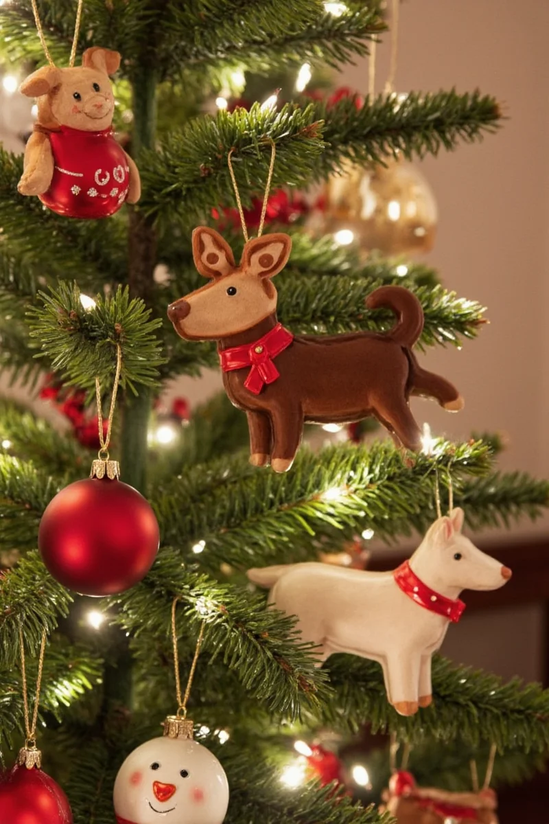 A cozy living room with a Christmas tree decorated with various animal-shaped ornaments including a paw print cat ornament, a plush dog bone, and a small parrot hanging from a branch.