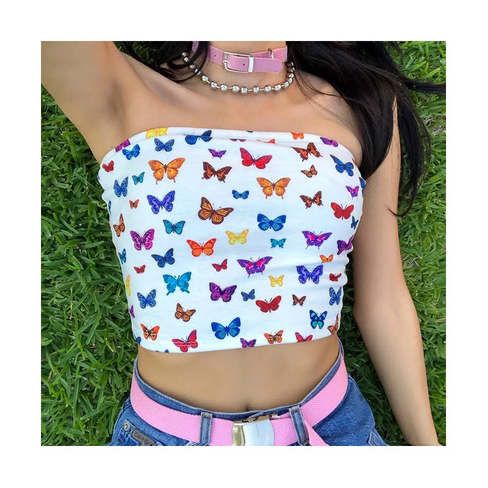 

W0758 Women Top Butterfly Pattern Print Mini Vest Shirts Colorful Slash Neck Tank Strapless Crop Top Off Shoulder Casual Camis