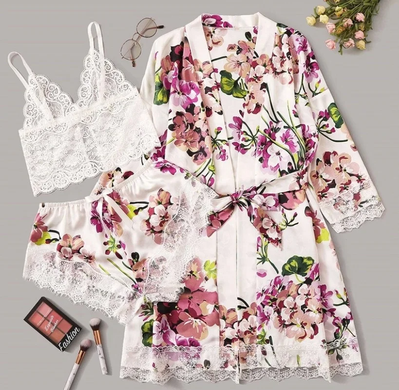 

YX-SFY1107 2021 trendy three piece satin silky smooth sexy hot valentines day lingerie set