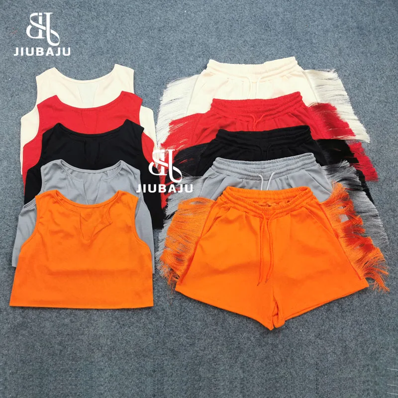 

V-Neck Tassel Shorts Set Sexy Solid Women Tank Tops Sets Good Stretchy Yoga Wear Sport Clothing Set, As picture