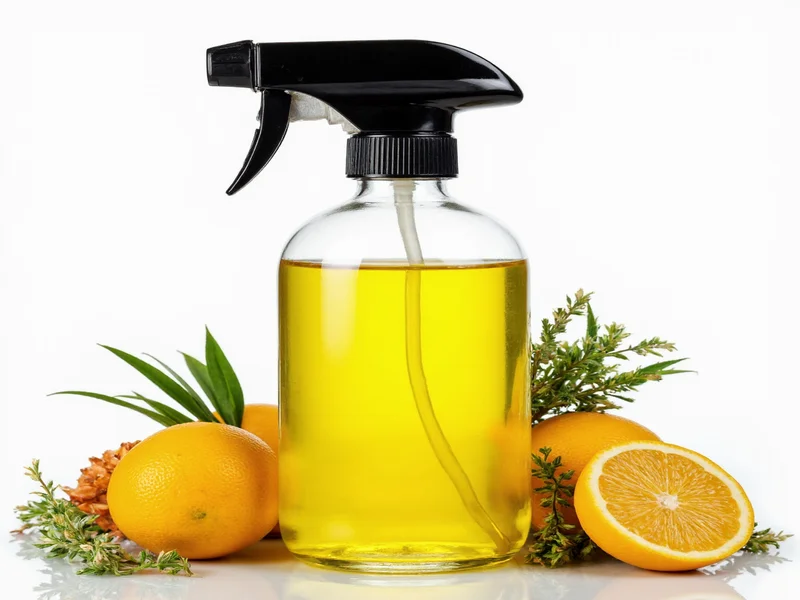 Homemade bug repellent spray bottle with citrus and herbs