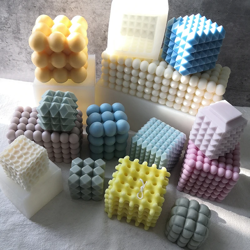 

3D Bubble Rectangle Taper Magic Cube Silicone Candle Molds Large Size Spherical Cube Candle Mold, White