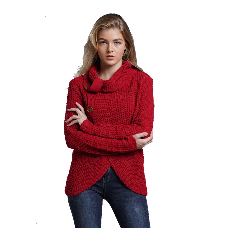 

vogue winter women heather Cross irregular turtleneck sweater with button high collar wrap woolen knit sweater tops