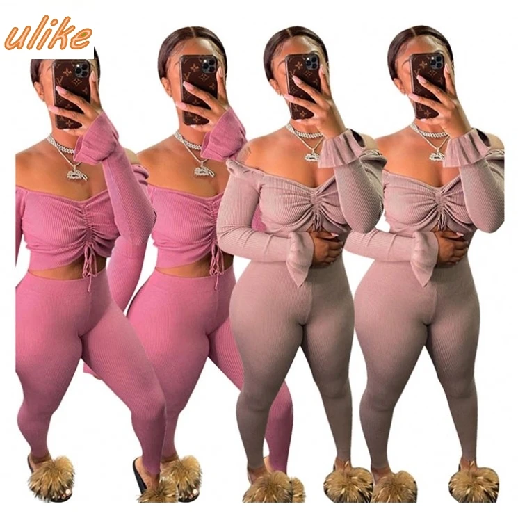 

Design Fashion off Should Long Sleeve Knit Sexy Two Piece Set Women Clothing 2 Piece Sets Womens Outfit