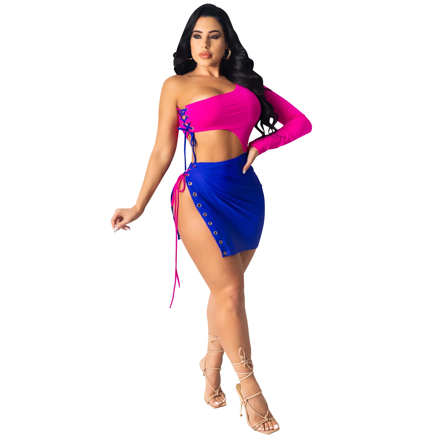 

New Arrivals Sexy Night Club Short Mini Two Piece Skirt Sets Off Shoulder Print Clothing For Summer And Spring