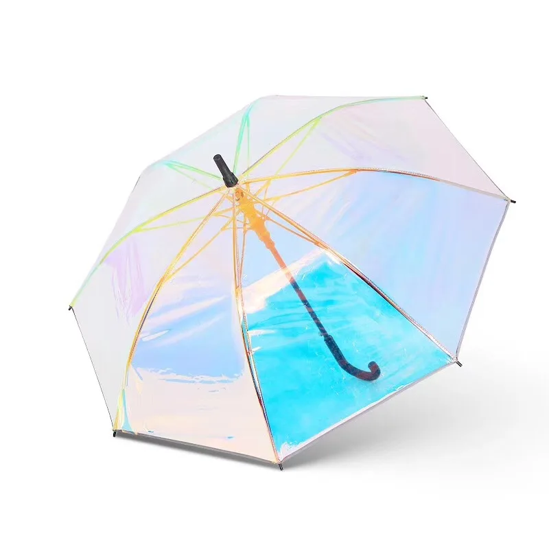 

O-170 Laser Transparent Umbrella Rain Sunshade Long Handle Colorful Gradient Plastic PVC Holographic Umbrellas