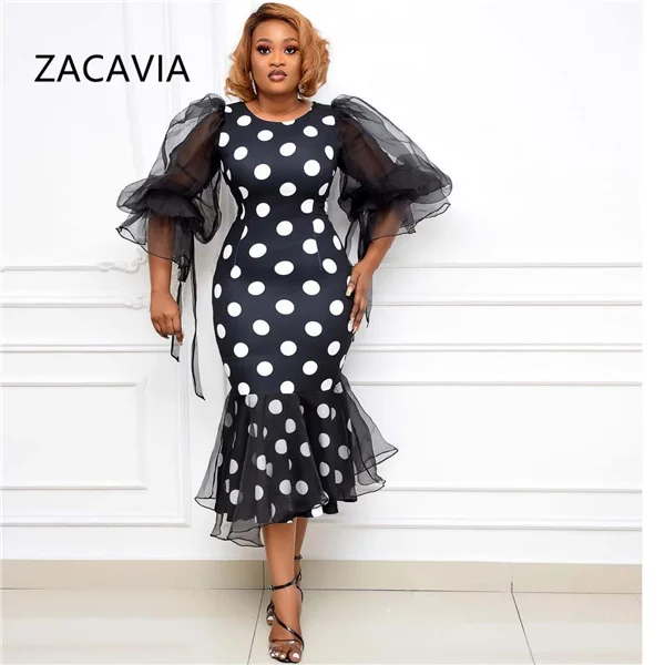 

Zacavia 2021 New Arrival Black Splicing Mesh Half Sleeve Classic Dress Women Polka Dot Printing Midi Dress, Picture color