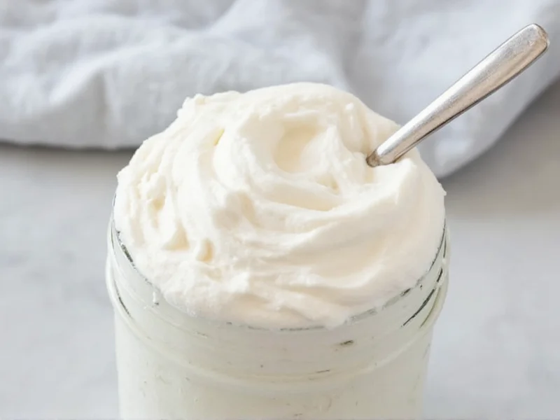 Homemade marshmallow creme in glass jar with spoon