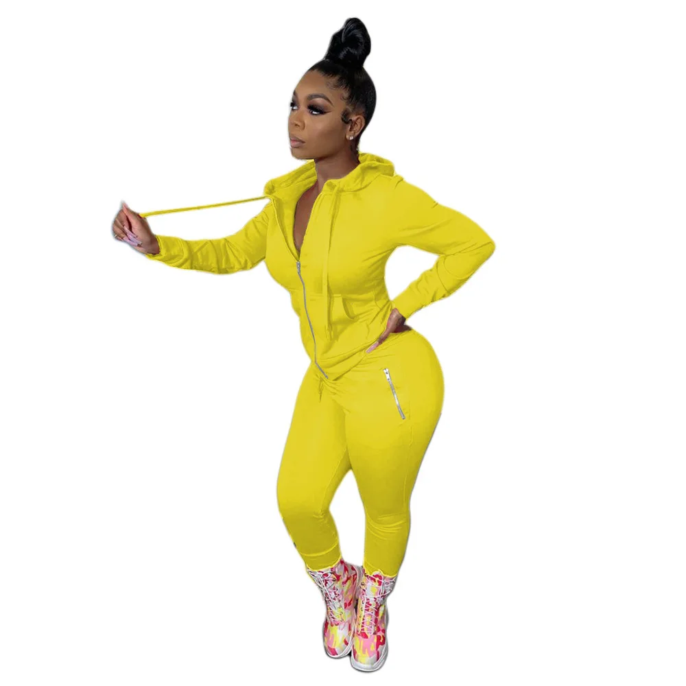 

2020 Casual Solid Color Thick Hooded Hoodie Sport Suit Fashion Outfits Women Two Piece Set Pants Suits Lady Clothing, Customized color