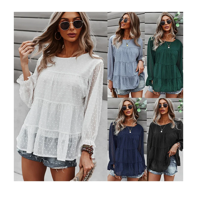 

2021 Fashion Autumn Fall Winter Blouse Clothes O Neck Puff Long Sleeve Ruffled Pom Poms Tee Shirt Blouse Women, Customized color