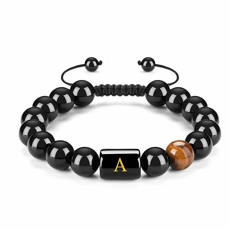 

Trendy Braided Rope Chakra Gems Stones 26 Letters Bangle A-z Initial Letter Natural Black Onyx Tiger Eye Stone Beads Bracelet