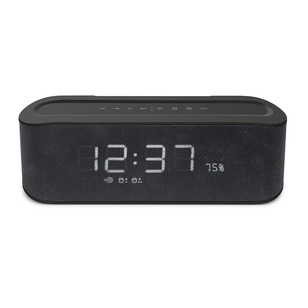 

OEM&ODM LED Digital Alarm Clock Wireless with Speaker Portable Wireless Loudspeaker With Stereo Music, Black grey red