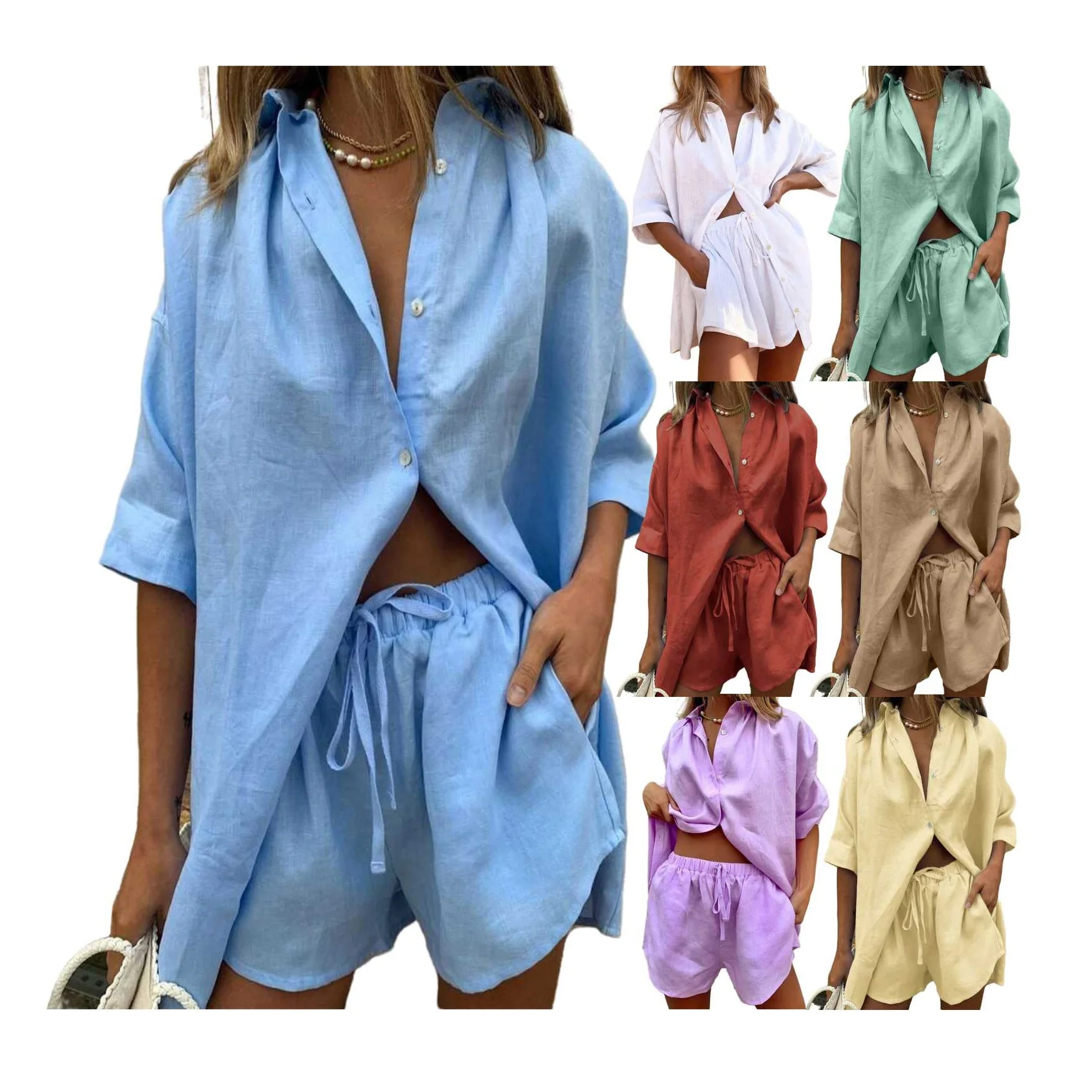 

RS029 2021 Summer Woman Plain Short Sleeve Women Clothing Casual Cotton 2 Piece Shorts Shirt Linen Set, As shown in the figure