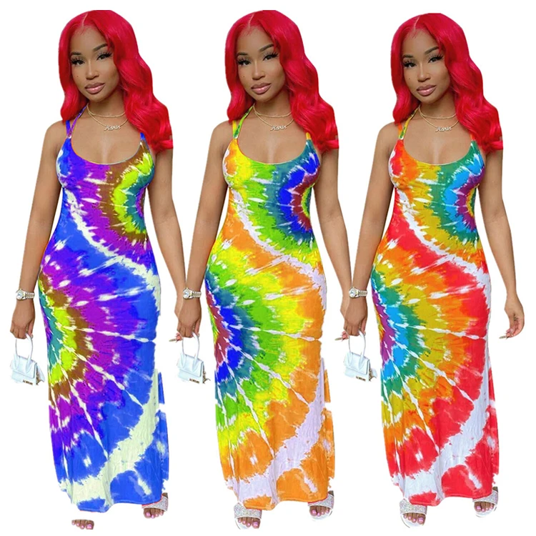 

S6221 Sexy Sling Tie-Dye Women Clothing Summer Maxi Dresses Bohemian Dress Casual Women