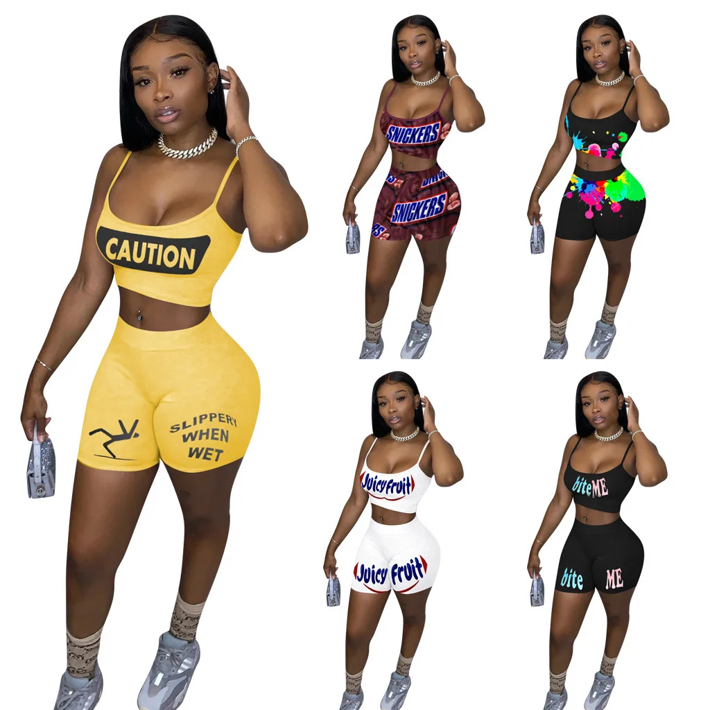 

Wholesale High Waisted Elastic Letter Print Ladies 2 Piece Set Candy Snack Shorts With Tops Biker Short Sets Women Plus Size, Custom color