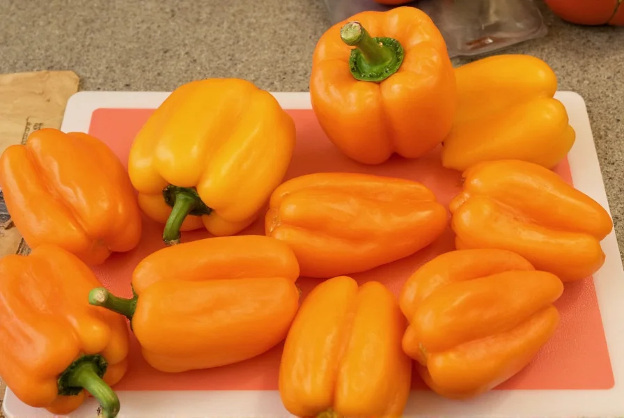 Selection of fresh orange bell peppers alongside cutting board showing proper slicing technique for cooking