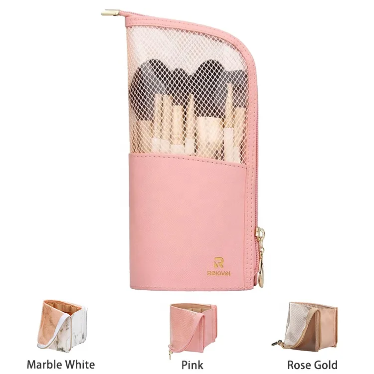 

Relavel Dual Function Pink Small Waterproof Stand Up Organizer Pencil Pen Case for Desk Divider Makeup Brush Holder For Travel