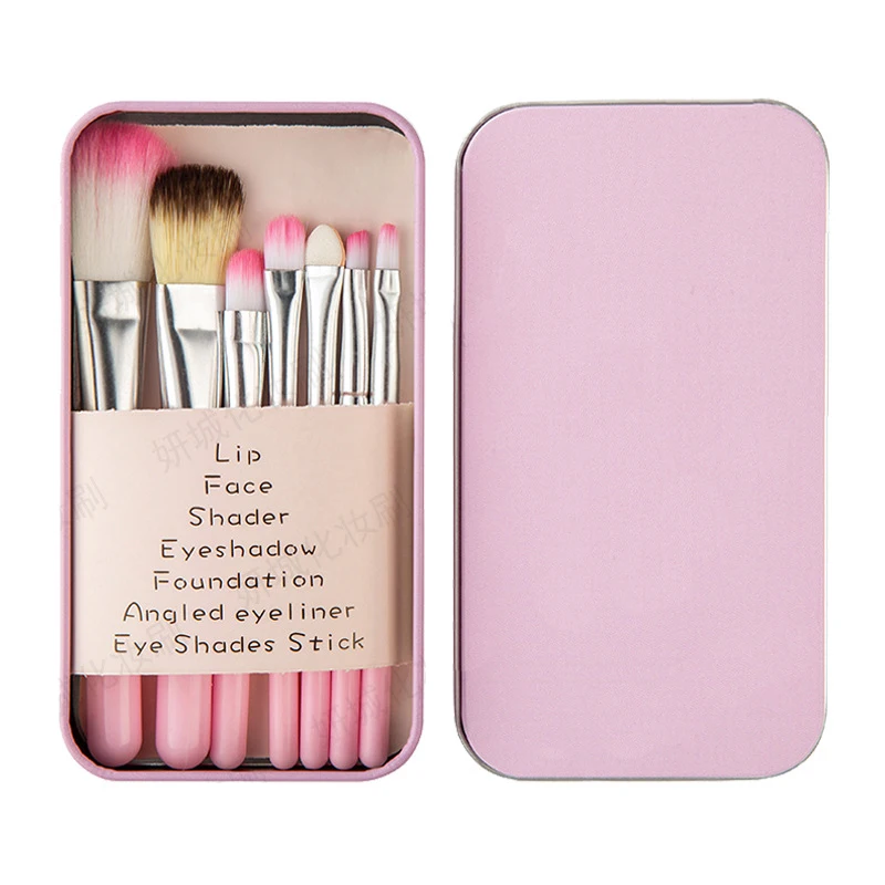 

Mini Makeup Distributor Brush Kit brochas de maquillaje Cartoon Printing Iron Box Packaging 7 pieces Travel Makeup Brush Set, Same as picture