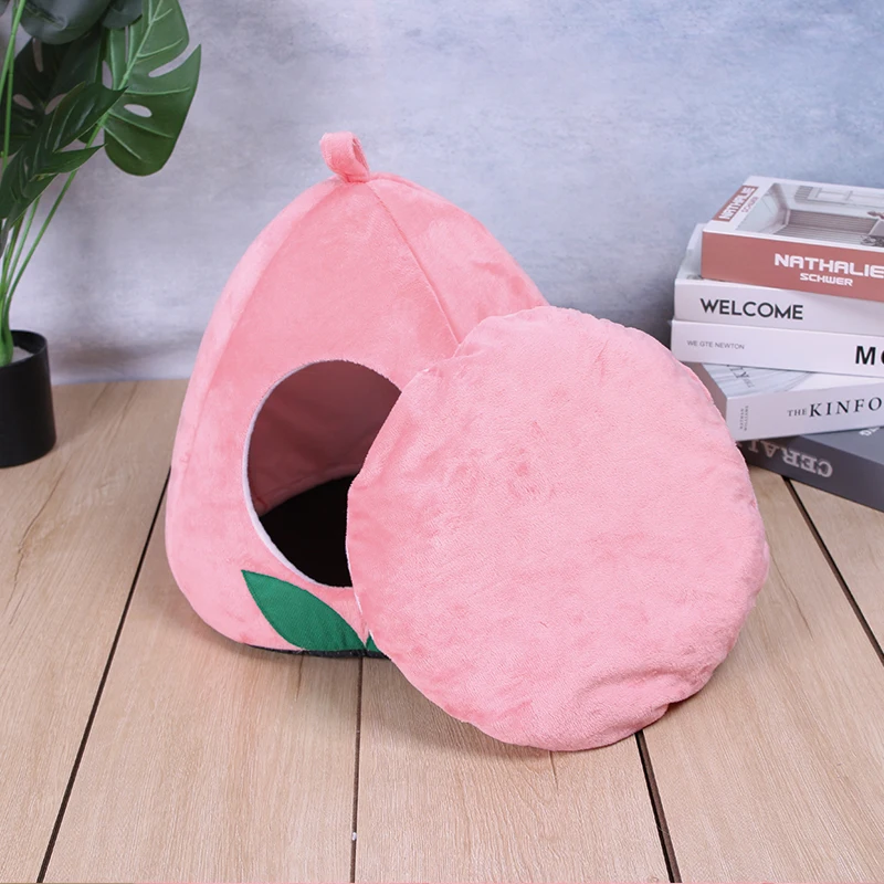 

Wholesale cave pet bed cute peach shape plush small medium cat cave bed with detachable bottom cushion