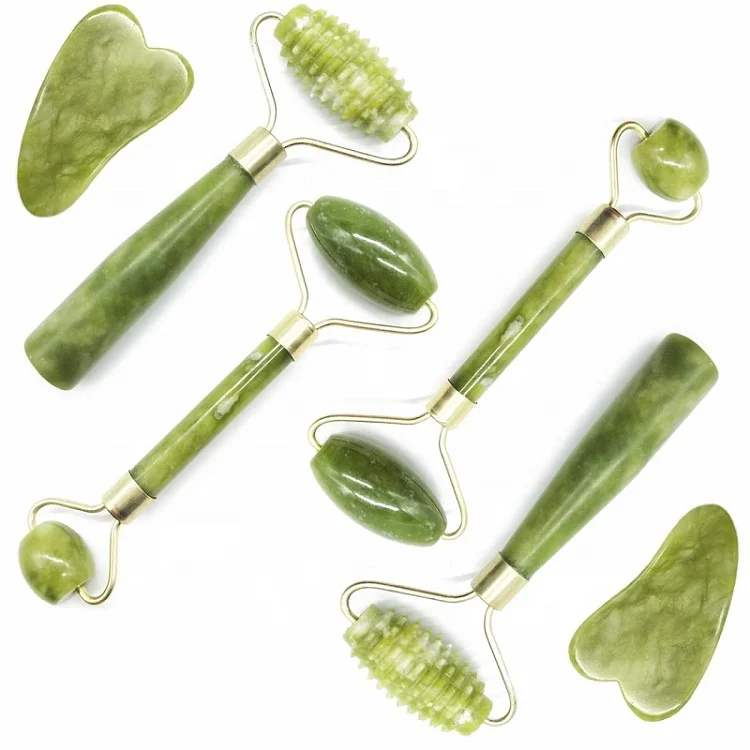 

Wholesale 3 In 1 Green Gem Stone Facial Massage Anti Aging Jade Roller Gua Sha Set