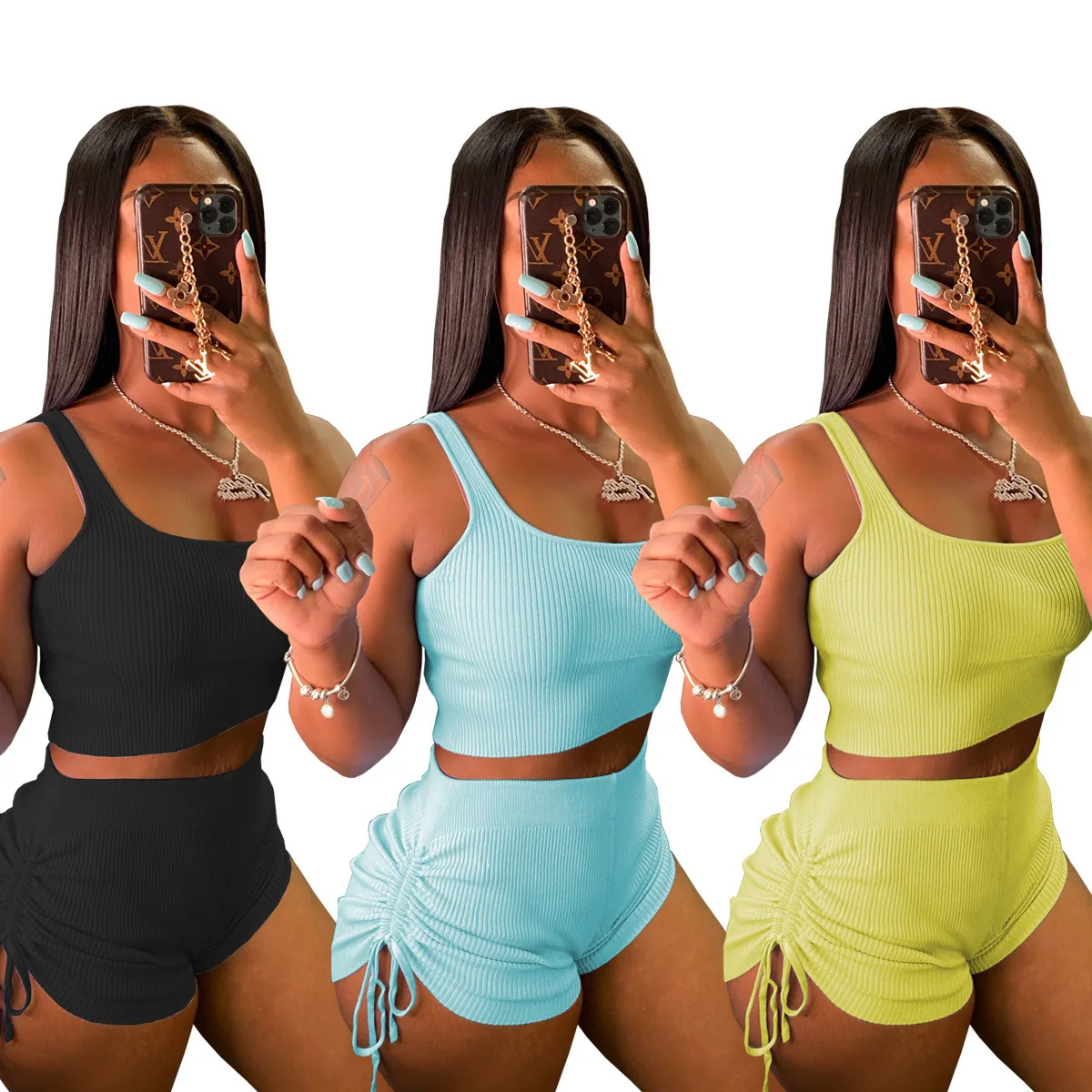 

2021 women sexy solid color knitted camisole halter top pit strip pleated drawstring shorts two-piece sports running suits Yoga, Picture