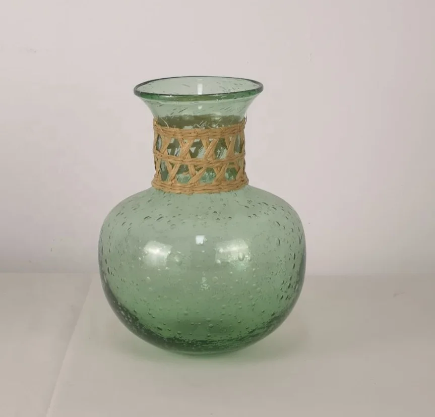 

hand blown small recycled green bubble glass bottles vase with paper ratten effect