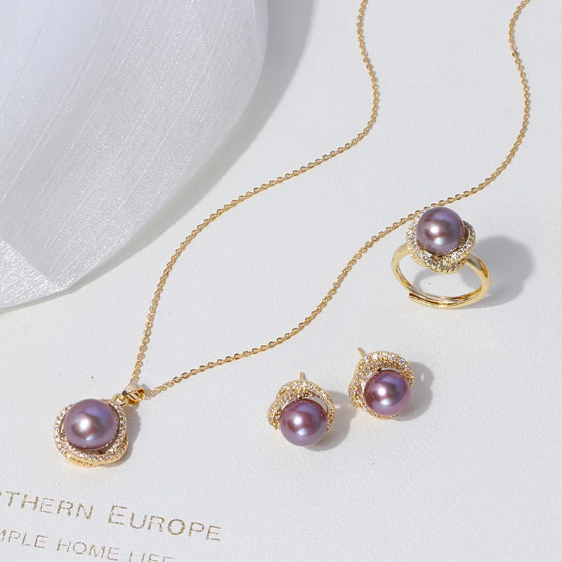 

Edison natural freshwater purple pearl jewelry set ring necklace earrings set 18k gold plated jewelry sets for women wedding par