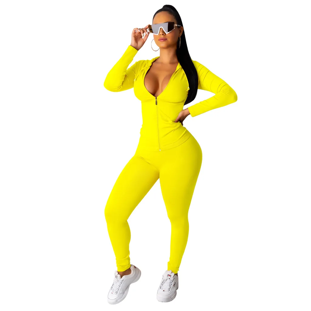 

Solid long sleeve hooded sweatshirt sports womens sexy 2 piece set women clothing