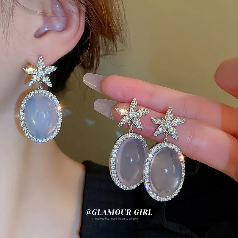 

Silver needle zircon resin flower oval earring big opal star flower stud earrings for women