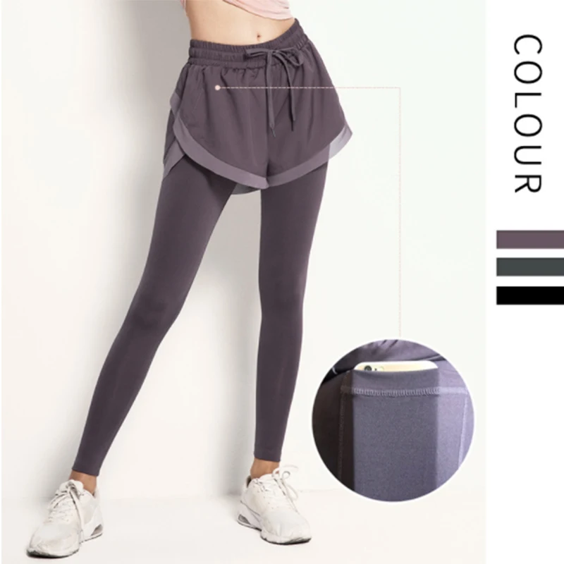 

Europe United states tight fast dry fake two piece fitness pants female elastic fast dry gauze with pockets pants sports women, Same as picture shows