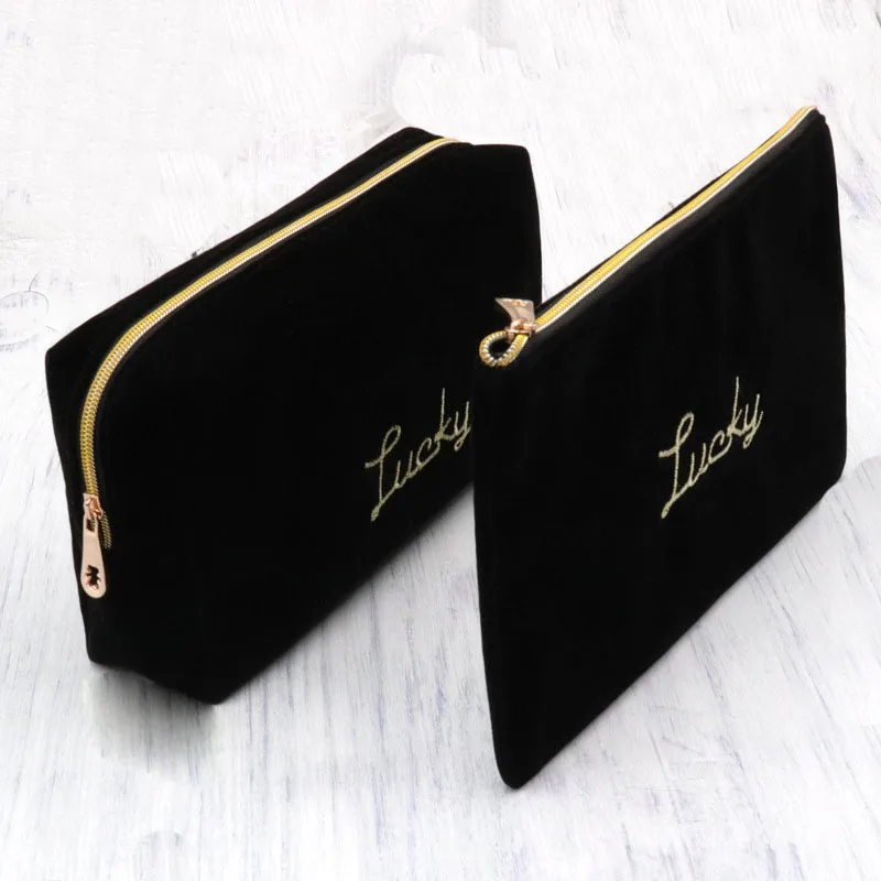 

High Quality Luxury Beauty Embroidery Logo Travel Makeup Bags Soft Black Velvet Cosmetic Bag, Black pink gray or custom color