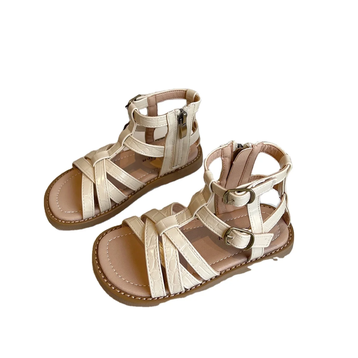 

Summer popular open toe Roman style little girl classica gladiator shoes leather flat children's sandals, White/black/brown