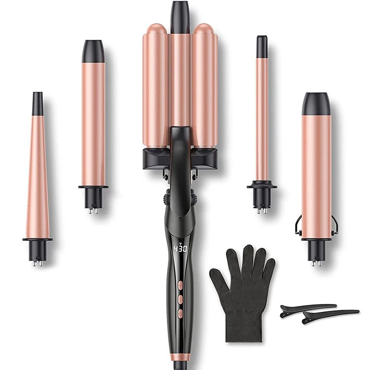 

Dropshipping China Iron Electronic Rod Steam Lazy Interchangeable Hair Curler Set 5 In 1 One Automatic Rotating Automated, Gold
