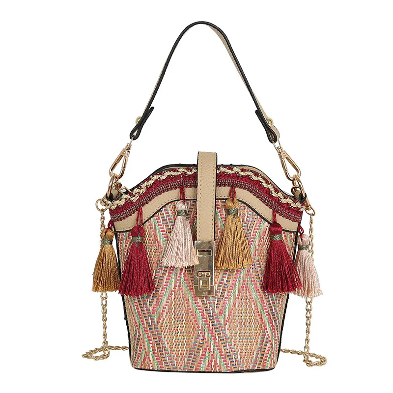

Sweet Shell Bucket Tassel Straw Purse Handbags Summer Beach Bag Ladies Shoulder Messenger Bags