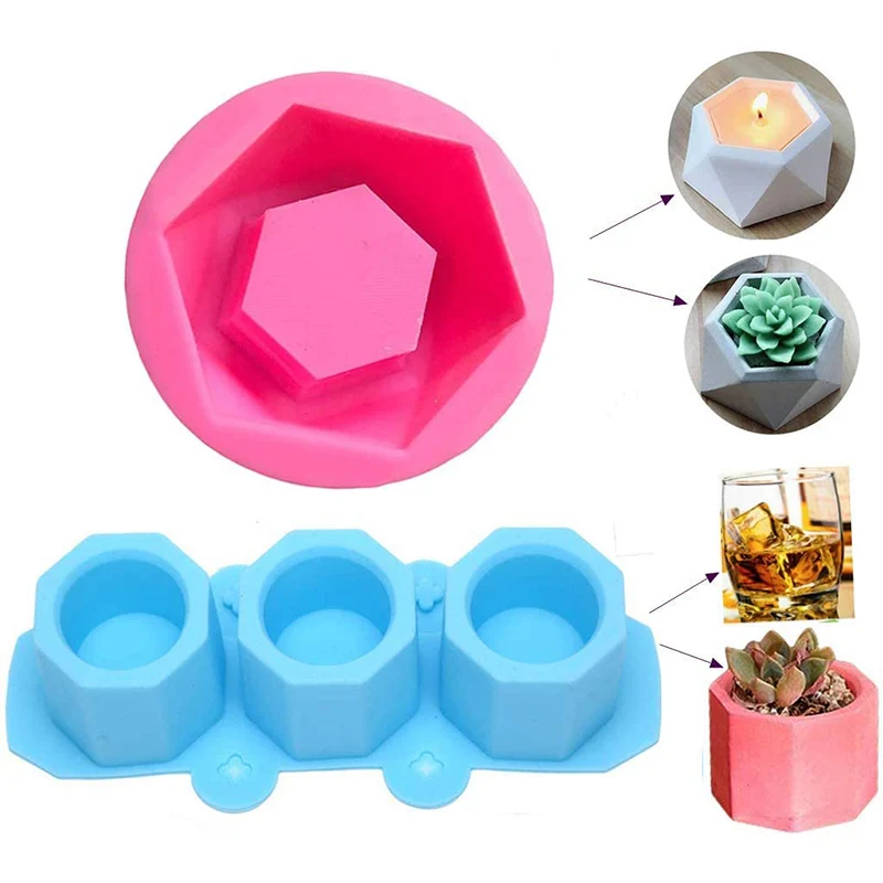 

3 Holes Round Geometric Polygonal Concrete Flower Pot Vase Mold Cactus Cement Molds Silicone DIY Aromatherapy Candle Decoration, Purple, green, pink, blue, dark green