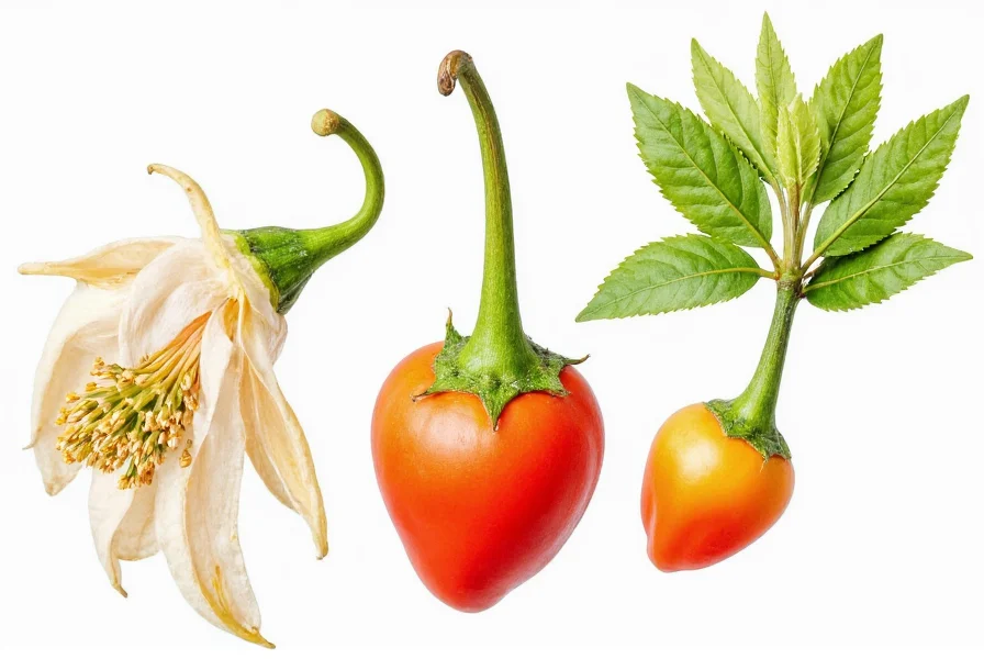Close-up botanical diagram showing pepper flower development into fruit with visible seeds