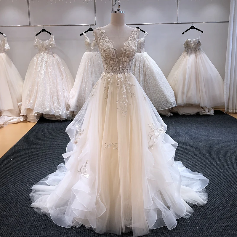 

SL-6254 Gorgeous Appliques Court Train V-neck Boho Bridal Gowns Wedding Dresses 2020 Luxury Beaded Backless vestido de noiva, Ivory