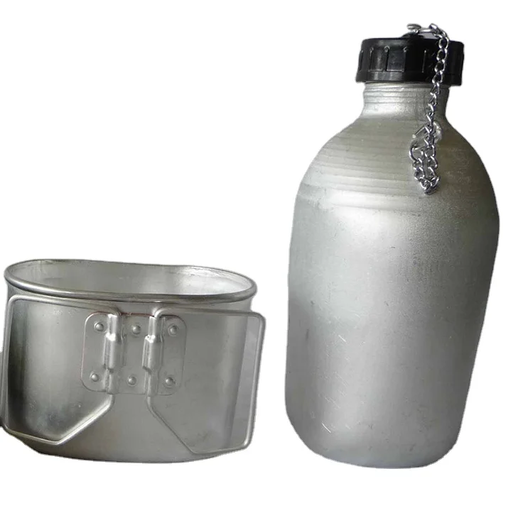 

American vintage army metal aluminum water canteen bottle with cup and pouch portable 1300ml single wall sports camping