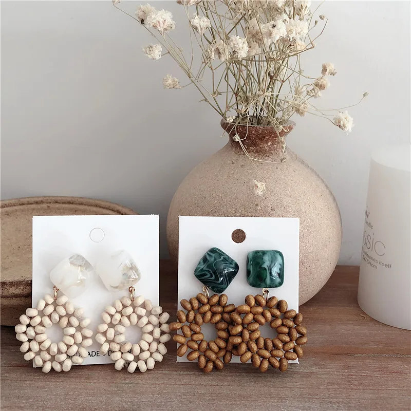 2019 new trendy handmade weaved wood beads earrings wooden women earrings