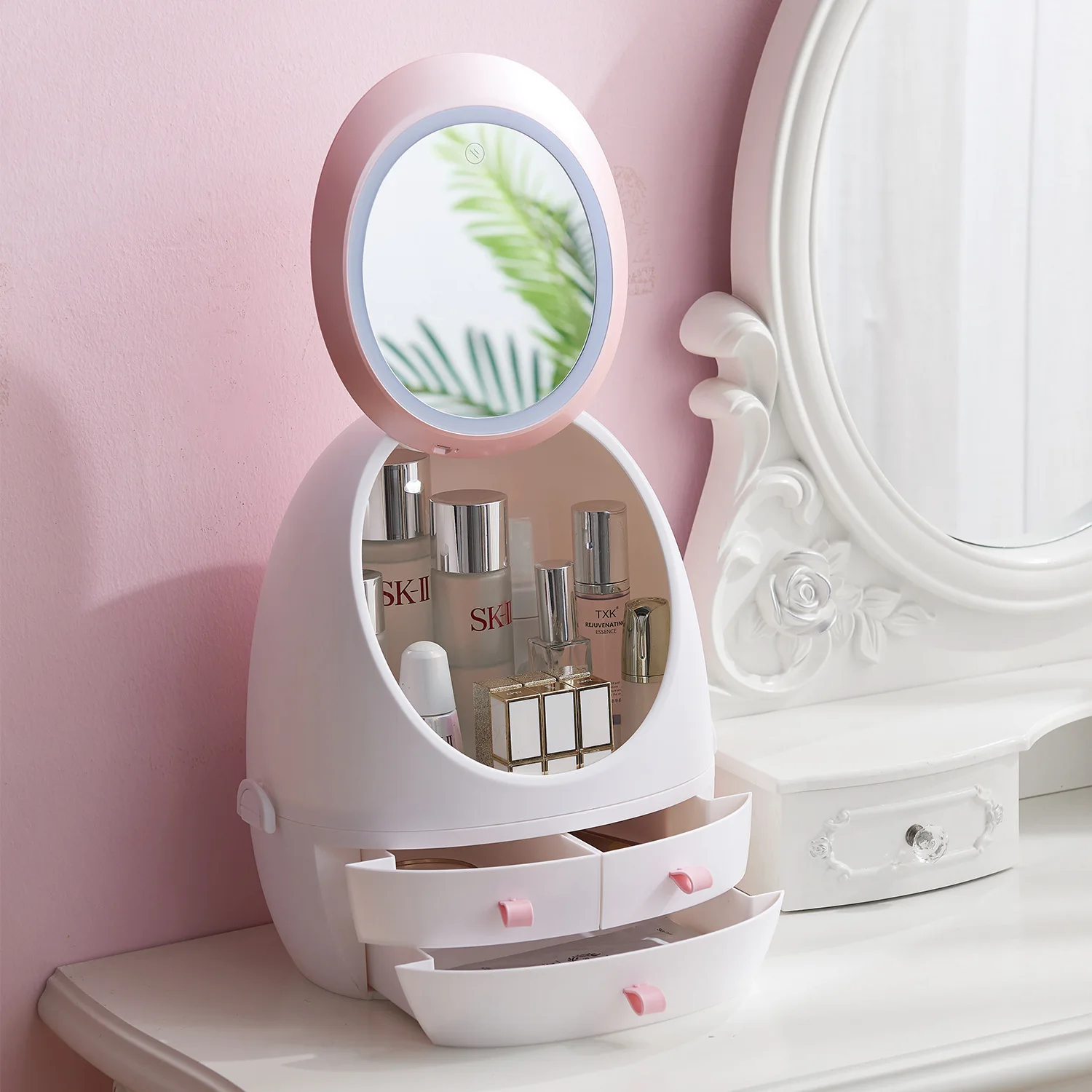 

Egg Shaped Cosmetic Organizer Led Makeup Mirror With Storage
