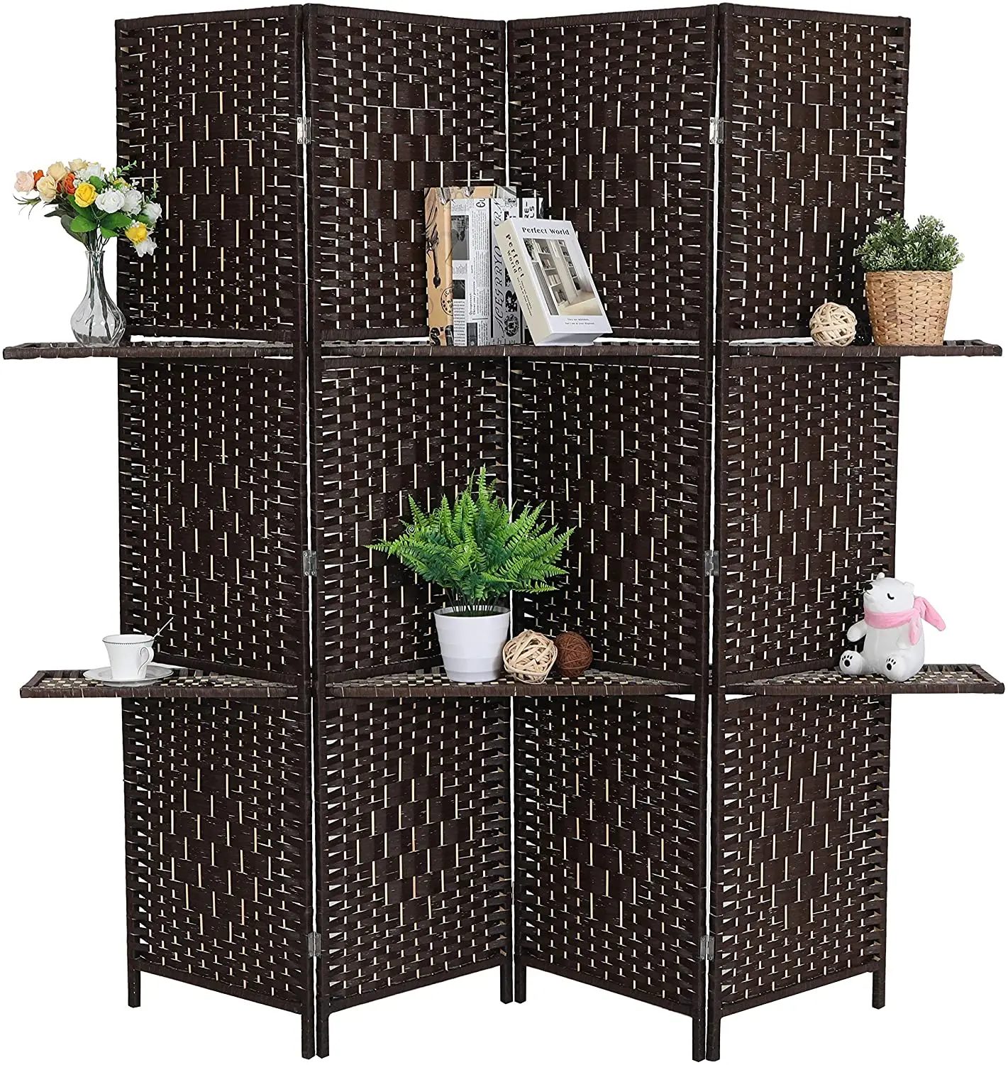 

Multi-function cheap hand woven folding room partition divider with display shelf screens room divider, Black/light brown /dark brown/ice cream