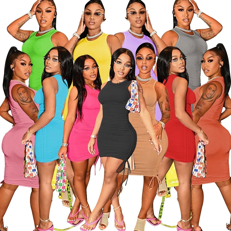 

MD-20060909 New products 2021 unique elegant dresses brushed casual drawstring sleeveless slim bandage dress