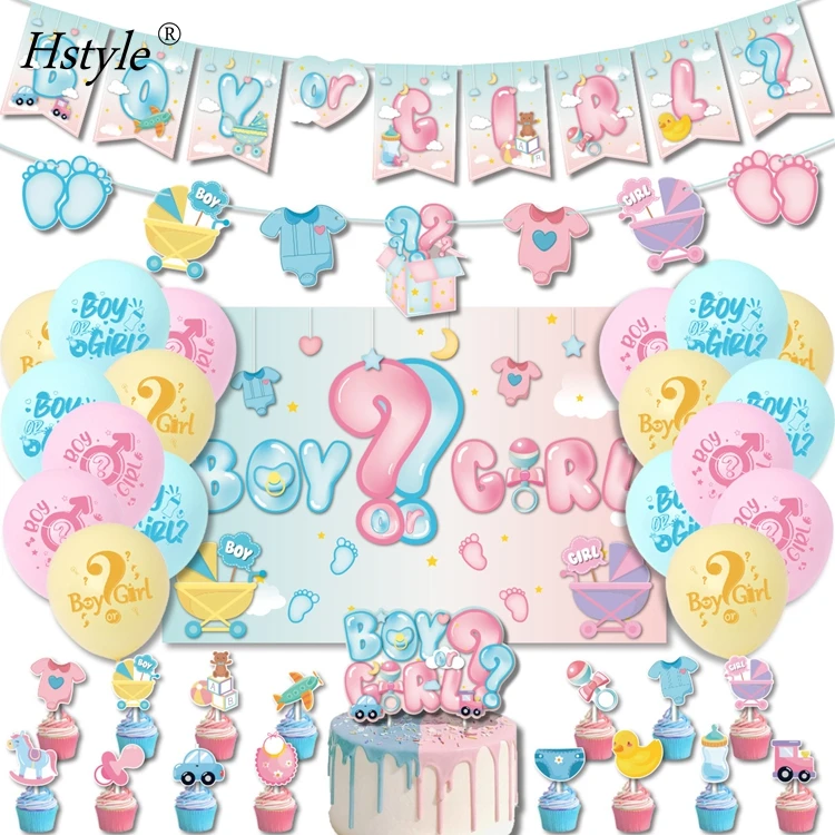 

Gender Reveal Party Boy Or Girl Banner Balloons Cake Topper with Gender Reveal Backdrop Baby Shower Party Decor E3140