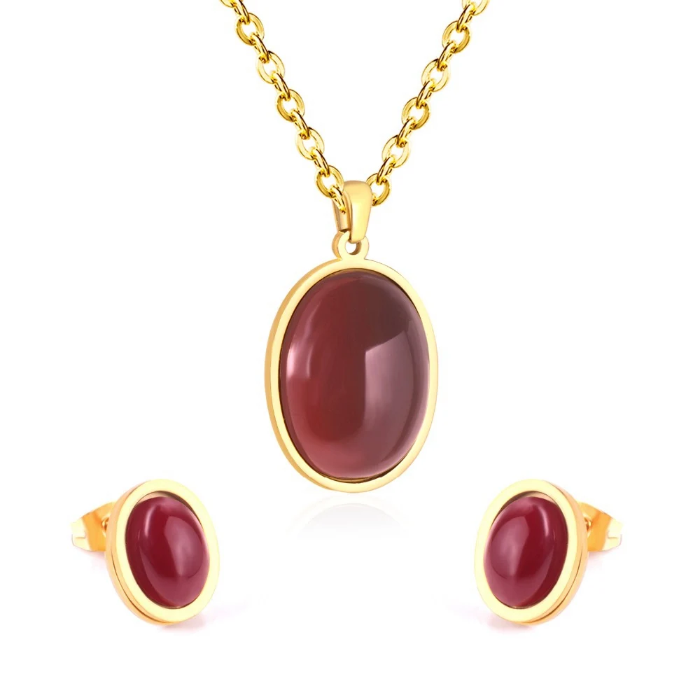 

Wholesale Stainless Steel Sets Necklace Rose Gold Korean Fashion Chain Jewelry+Sets Red Ruby Women Jewelry Set, Original stainless steel