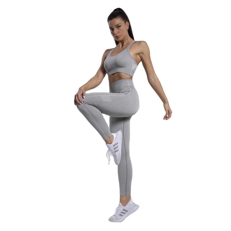 

gym fitness custom yoga leisure sets womens seamless gym leggins logo and two piece sports bra set