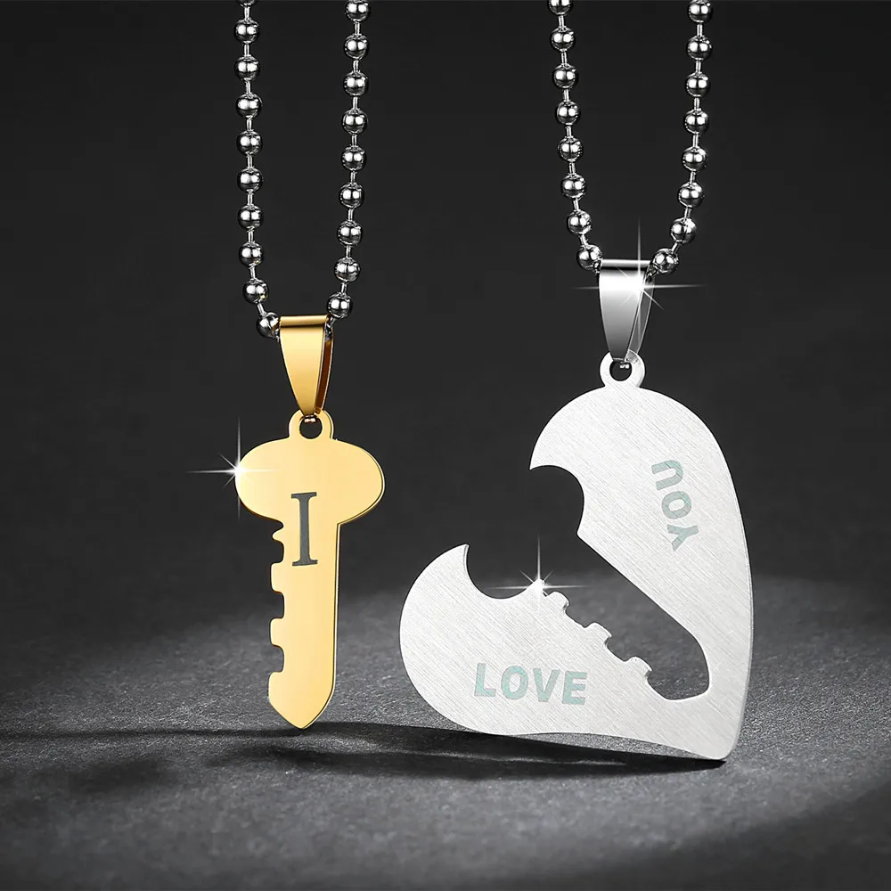 

Couple Puzzple Set Pendant Necklace Engrave I Love You Matching Hearts Key 316L Stainless Steel