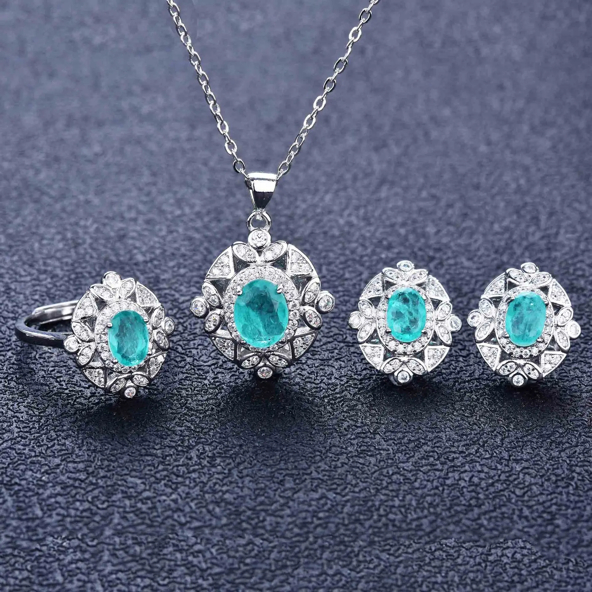 

Fashion New Diamond Bridal Jewelry Set Luxury Blue Gem Pendant Necklace Earrings Ring Set Women, Like picture
