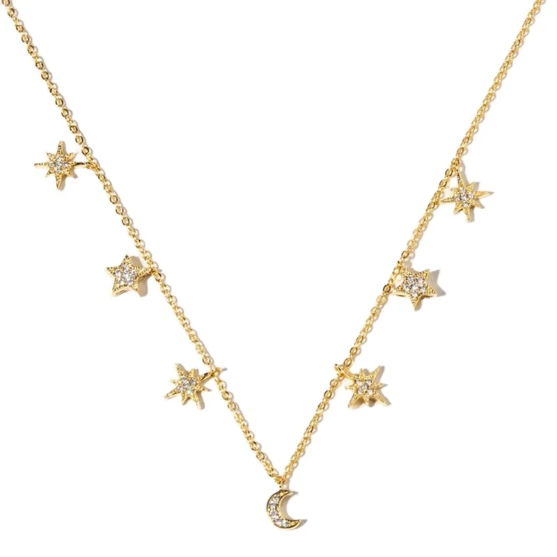 

Fashion European and American S925 Sterling Silver Symmetrical Star Moon Diamond Necklace